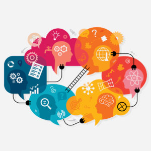 Vector illustration depicting colorful thought and chat bubbles with people in different roles communicating and sharing information digitally