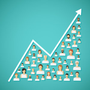 An upwards-pointing graph filled with people