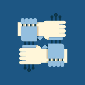 Human and artificial intelligence robotic arms clasping arms to form a square of solidarity and trust