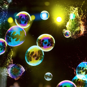 Vibrant bubbles floating in a group with some bursting into water droplet explosions
